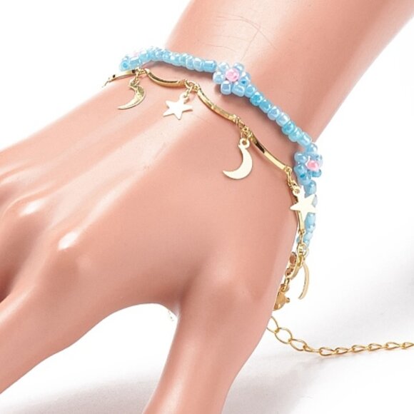 NWOT Brass Moon & Star Charms, Seed Flower Double Multi-strand Bracelet - Picture 3 of 5